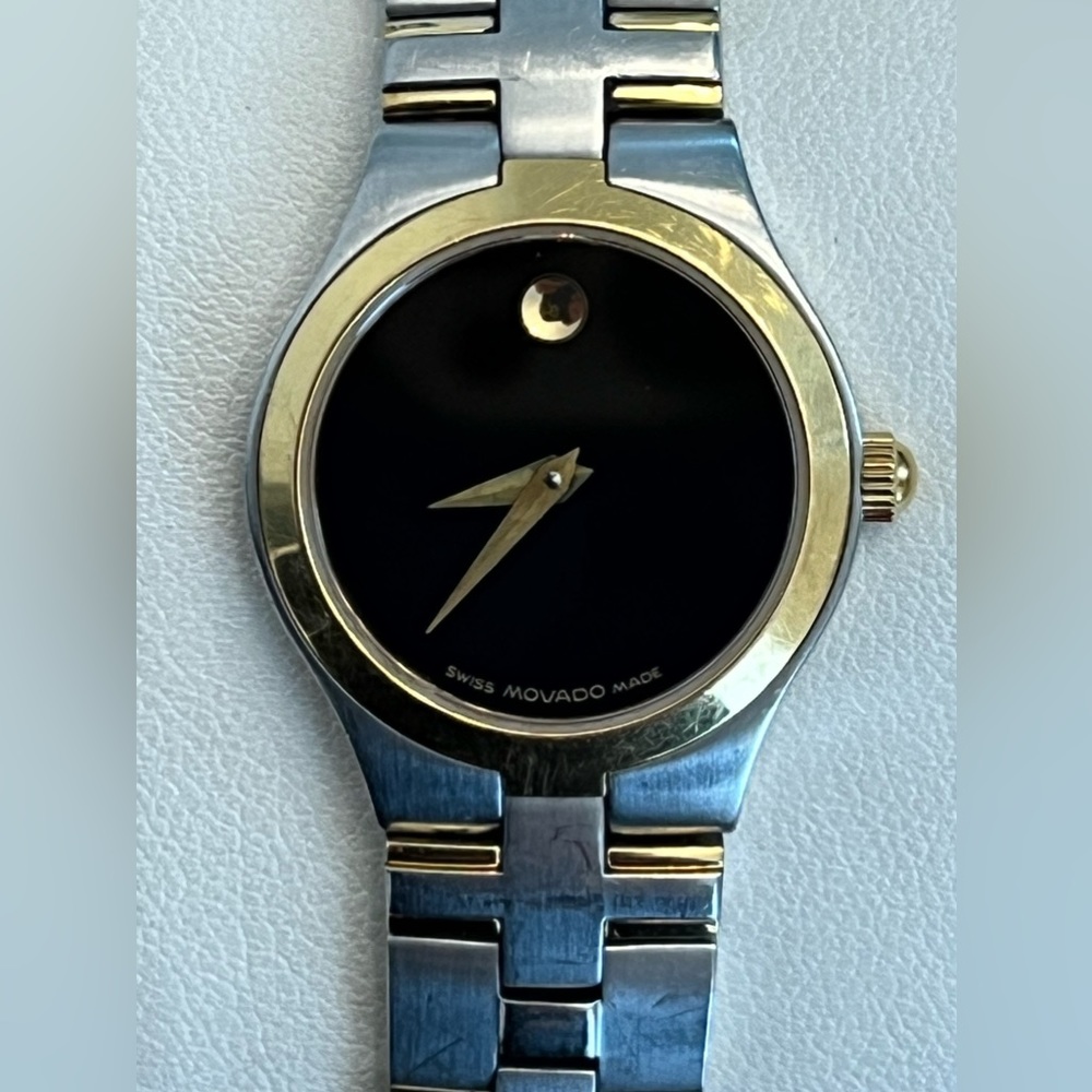 Movado Luxury Ladies Watch Two-Tone Bracelet Black Round Dial Gold-Tone Hands